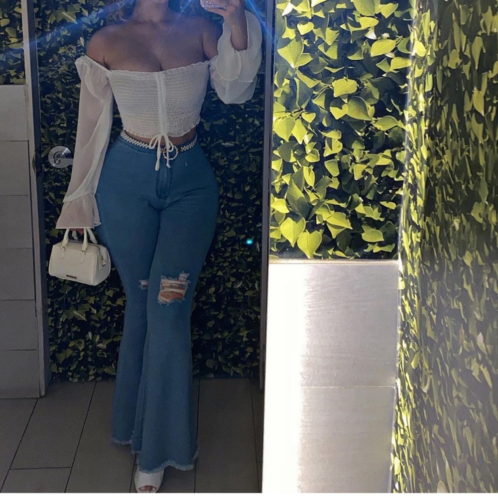 Light denim flared pants